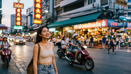 Naklejka premium Chinatown Explorer: A young woman smiles as she walks through a vibrant, bustling Chinatown street market at dusk, illuminated by neon signs and the warm glow of storefronts.
