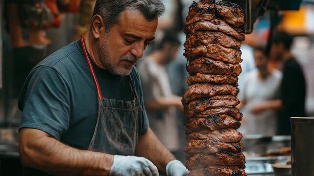 selective focus vendor preparing fresh shawarma slicing grilled meat from rotating spit in mediterranean street market
