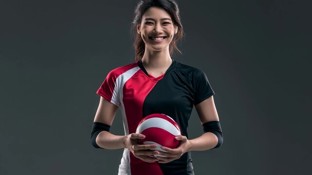 Asian female volleyball athlete holding ball wearing red and black uniform with elbow pad confident sport player focused full body portrait dark