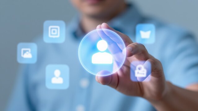 User Profile Selection: A person's hand reaches out to a glowing holographic icon representing a user profile, surrounded by other application icons.