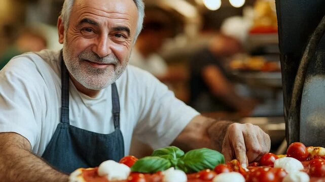 selective focus italian pizza maker crafting freshly baked pizza while customers watch in busy city street market