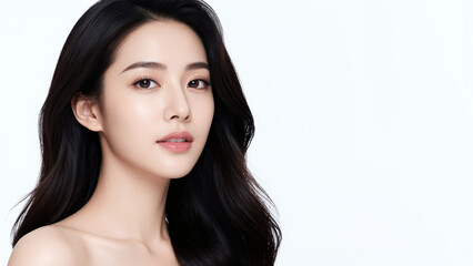 Naklejka premium Porcelain Beauty: A striking portrait of a young woman with flawless skin, long dark hair cascading around her shoulders, and a gentle, captivating gaze.