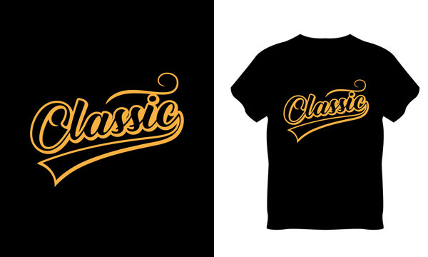 An elegant vintage-inspired vector typography design featuring the word "Classic" in a premium yellow script font. The design incorporates a stylish athletic swash tail underneath the text and creativ