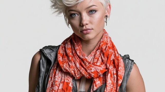 A fashion advertisement featuring a model with a tracheostomy tube, highlighting inclusivity and medical visibility in style and beauty campaigns.
