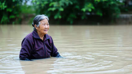 Fototapeta premium Elderly Woman Amidst Floodwaters: A poignant portrait of an elderly woman standing in murky floodwaters.