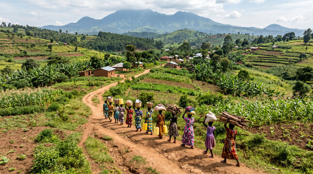 Aerial view. A group of women and girls carrying stuff on their heads, Mbale, Uganda
