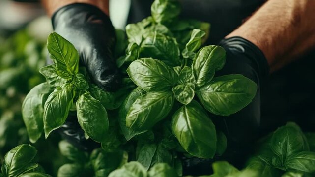 selective focus herb harvesting scene with gardener bundling basil for drying in cool shaded storage area