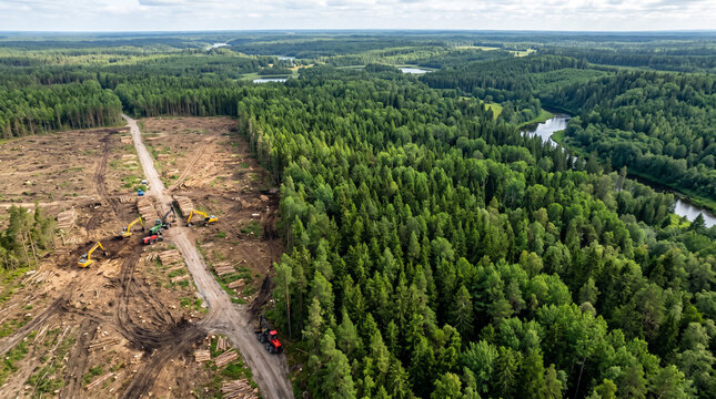 Green wild forest before be cutting down and become deforestation area in Estonia, Northern Europe., Aerial view.
