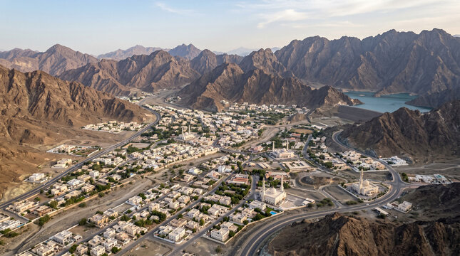 Aerial view of Hatta town aerial cityscape surrounded by Hajar mountains in Hatta enclave of Dubai in the United Arab Emirates.
