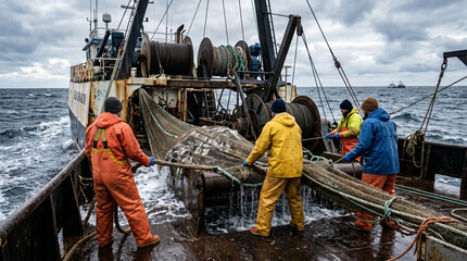 Crew of Fishermen Work on Commercial Fishing Ship that Pulls Trawl Net. © pinan