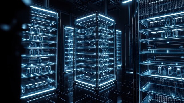 Futuristic server room. Glowing racks filled with data storage units. Dark environment, cool blue tones dominate scene. Minimalist design.