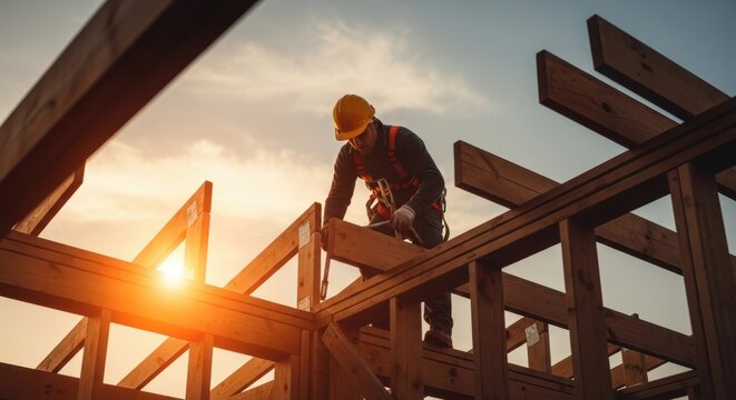 Real estate construction worker framing a wooden house structure at sunset