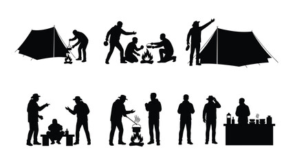 camping scenes with people and equipment in black silhouette © Kalam