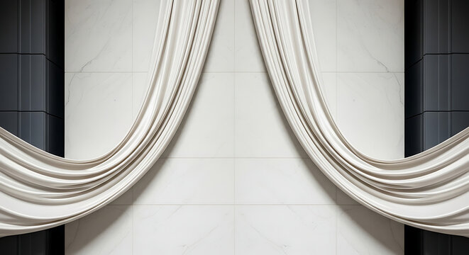 Elegant white fabric drapes on marble wall with dark pillars