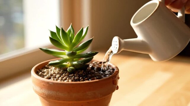 Person watering small succulent plant in terracotta pot on wooden table by window with natural light