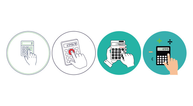 Set of calculator icons with human hands pressing buttons for financial math