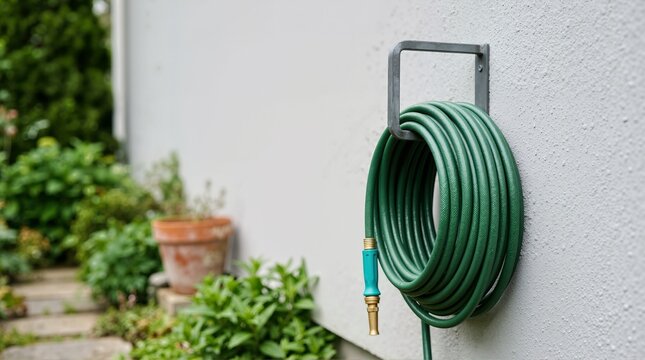 Green garden watering hose hanging on a wall hook. Coiled outdoor hose with spray nozzle for yard maintenance. Gardening equipment and home utility concept