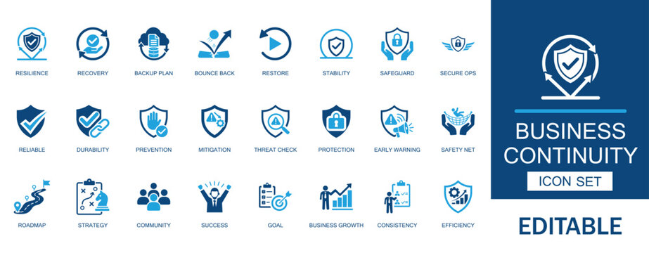 Business continuity and risk management icon set. Features corporate, resilience, disaster, recovery, emergency, backup, plan, threat, assessment, and business stability symbols.