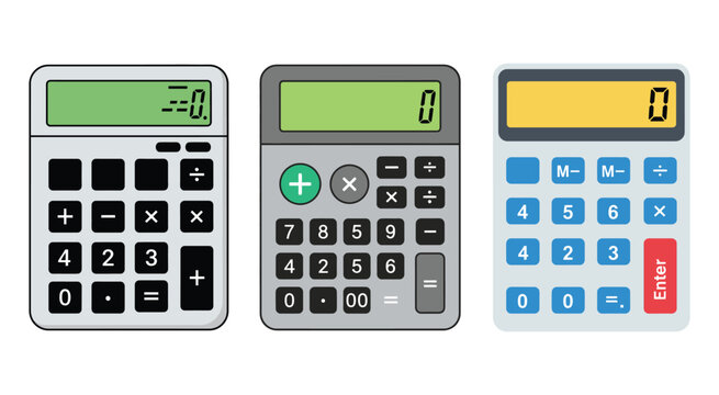 Set of three electronic digital calculators for business and school math office