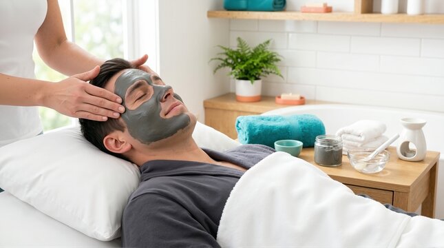 Man receiving a mud mask facial treatment in a spa. Male skincare and wellness concept. Professional therapist applying a clay mask to a relaxed man