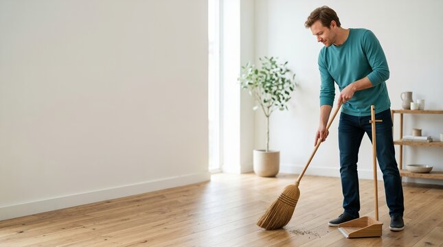 Man sweeping hardwood floor with a straw broom. Male adult cleaning a minimalist modern room with a wooden dustpan. Domestic housework and home maintenance concept