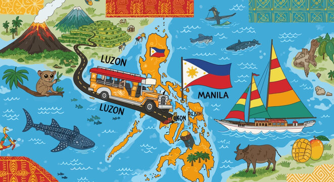Colorful illustrated map of Philippines with iconic landmarks and animals
