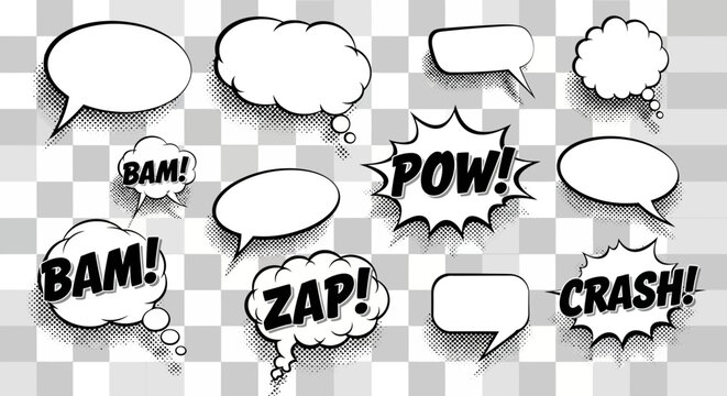 Comic book speech bubbles and action sound effects collection