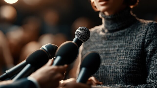 A confident woman politician speaks at a press conference podium, addressing the media with professionalism and authority in a formal setting.
