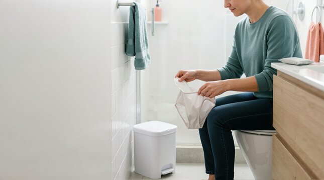 Woman changing a sanitary pad in a bathroom. Female hygiene and menstruation routine. Person holding underwear and menstrual product in domestic setting