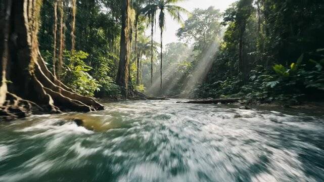 Low-angle view of a tropical river flowing through a dense jungle with palm trees, hanging vines, and red tropical flowers under morning sunlight filtering through the canopy.