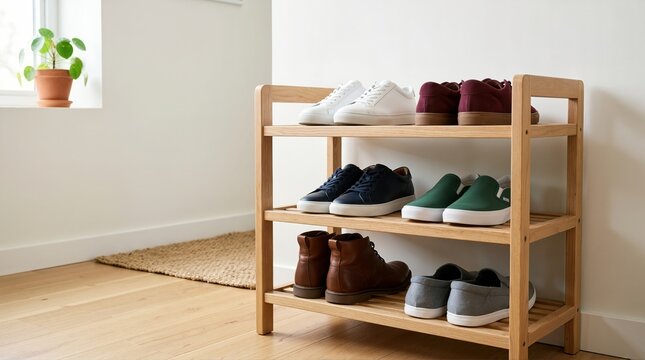 Wooden shoe rack with various footwear in a bright hallway. Home organization and storage solution for daily life. Sneakers and boots on a shelf