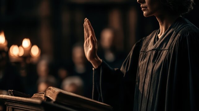 A woman taking the oath during her Supreme Court justice swearing-in ceremony held at a courthouse, symbolizing justice and leadership in the judiciary system.