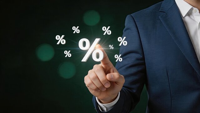 Businessman in blue suit pointing at floating white percentage signs against dark background, representing financial growth, interest rates, discounts, statistics, and economic