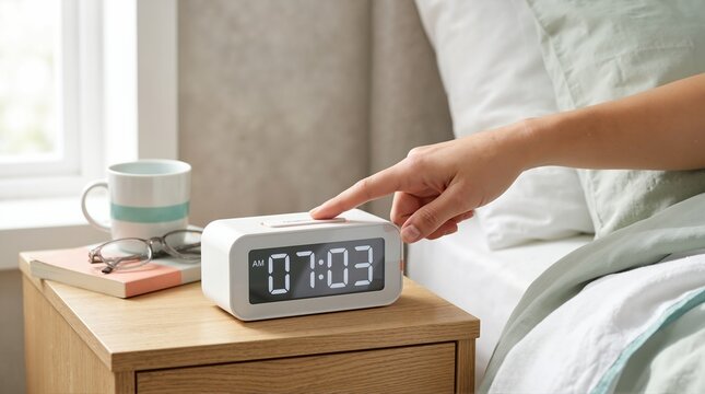 Hand pressing snooze button on white digital alarm clock. Morning wake up routine at 7 am in bedroom. Daily life and sleep concept
