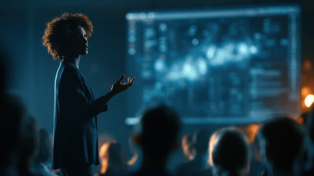 A woman tech founder presenting her product during a demo day event, showcasing innovation and entrepreneurship in a professional technology setting.