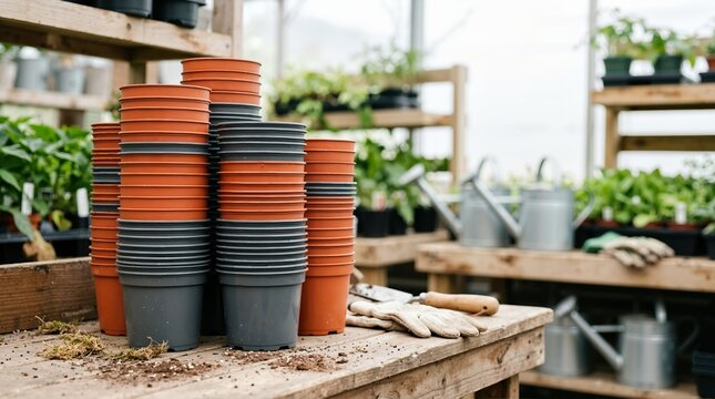 Stacks of empty plastic nursery pots on a wooden bench in a greenhouse. Grey and terracotta containers with gardening gloves and trowel. Horticulture and planting preparation