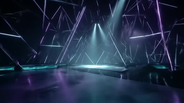 An ethereal stage with intersecting neon lines and spotlights in a misty, blue-toned space