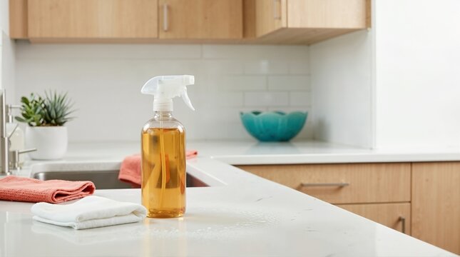 Cleaning spray bottle and folded cloths on white kitchen counter. Amber liquid cleaner and water drops on countertop. Daily life housekeeping supplies