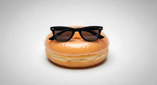 Single glazed donut wearing black sunglasses on light gray background creating funny cool food character concept with simple minimalist composition.