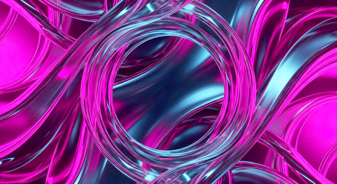 Abstract neon rings with vibrant pink and blue lighting 3d render background