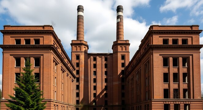 Abandoned industrial factory building constructed with red bricks featuring two tall chimneys and empty window frames under a blue cloudy sky