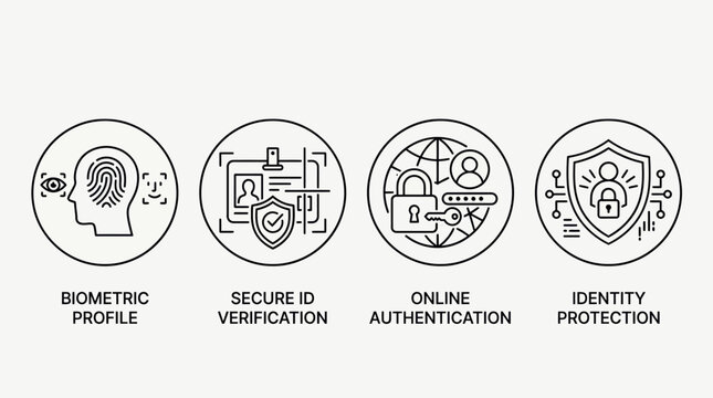 black and white digital identity icons including biometric profile, secure ID verification, online authentication, identity protection