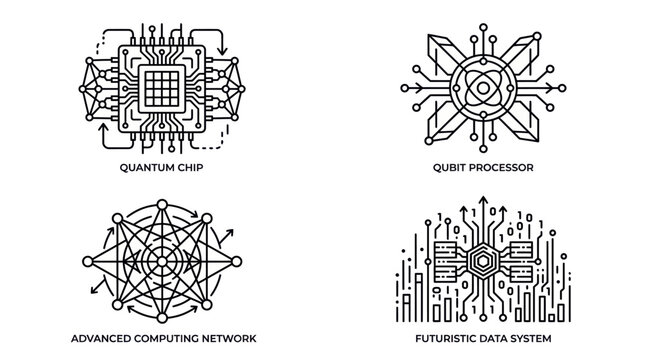 black and white quantum computing icons including quantum chip, qubit processor, advanced computing network, futuristic data system, vector line art
