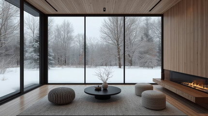 Fototapeta premium Minimalist living room with floor to ceiling windows overlooking snowy forest, serene winter view