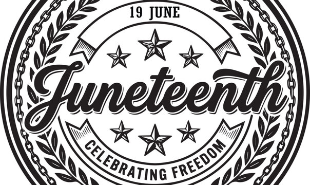 Juneteenth emblem vector with laurel leaves stars bold script typography celebrating freedom equality cultural awareness