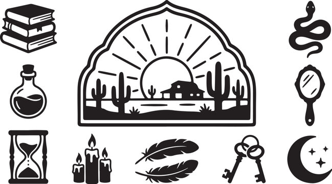 Mysterious desert landscape with various symbolic objects