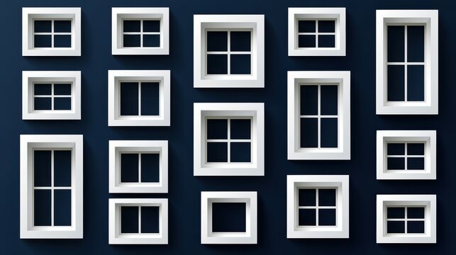 Abstract composition of various white window frames on a dark blue background wall showing different architectural styles