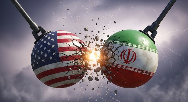 Conceptual collision of USA and Iran flags on wrecking balls in dramatic sky