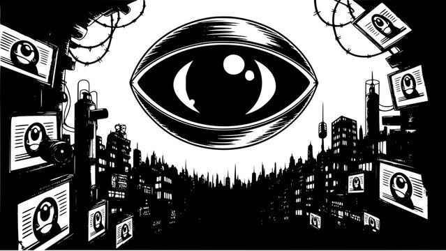 A large eye watches over a futuristic cityscape with screens displaying eyes
