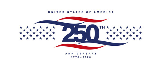 Fototapeta na wymiar United States of America 250th Anniversary logo label greeting card. USA 250 years lettering with blue red ribbons with stars on white background
